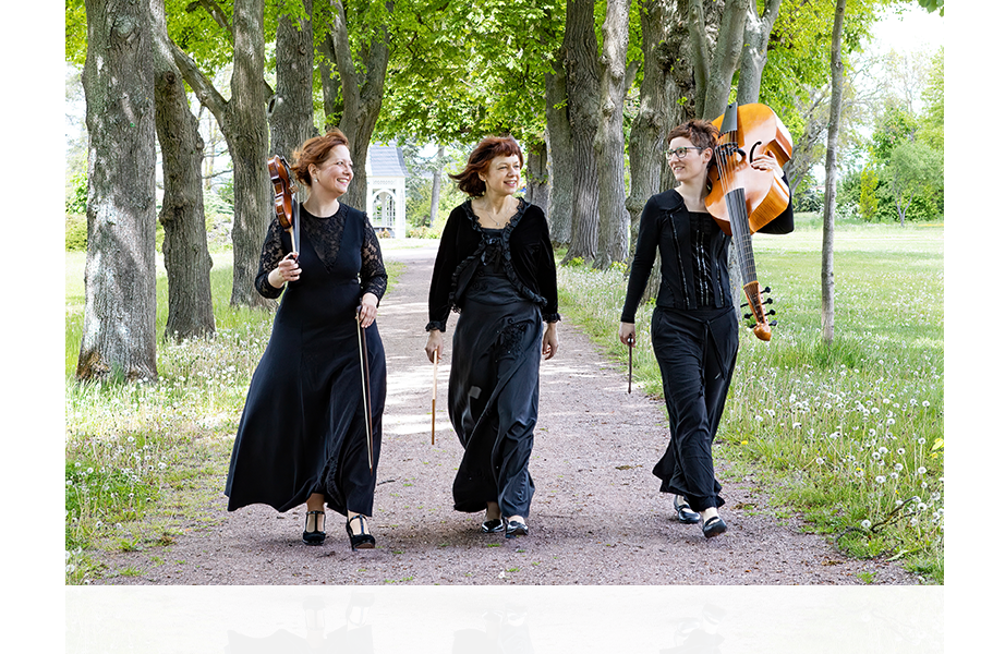 Das Ensemble Acero Antico läuft mit Geige und Gambe über der Schulter in dunkler eleganter Kleidung einen Weg, der von Bäumen gesäumt ist.